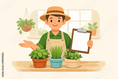 Young caucasian male gardener with plants and clipboard in bright indoor setting