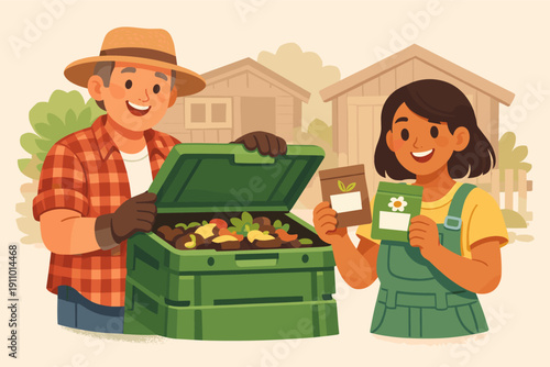 Caucasian elderly male and hispanic young female gardening with compost bin and seed packets
