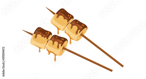 A digital illustration showcases three chocolate covered marshmallows impaled on wooden skewers evoking a campfire treat high quality professional