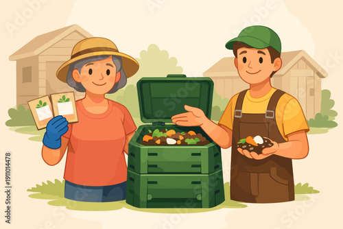 Elderly caucasian male and female gardeners composting organic waste outdoors