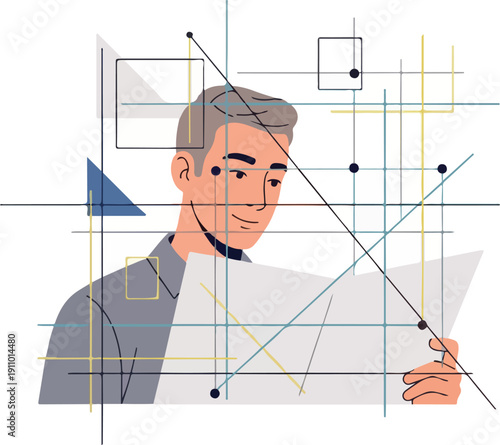 An architect reviews blueprints with a subtle smile, surrounded by geometric lines and shapes in a modern, abstract composition.