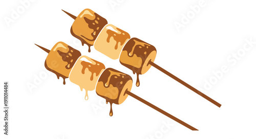 Illustration depicting four golden brown marshmallows on wooden skewers with melted caramel dripping down high quality professional detailed modern