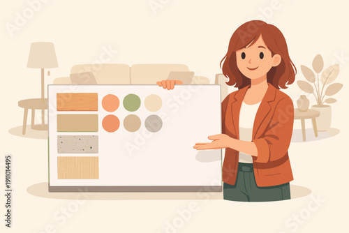 Female caucasian adult presenting interior design color palette in cozy living room setting