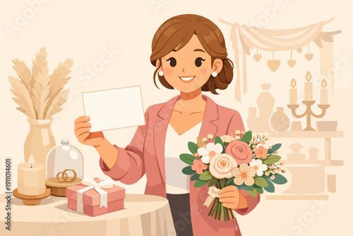 Female florist holding bouquet and blank card in wedding-themed shop