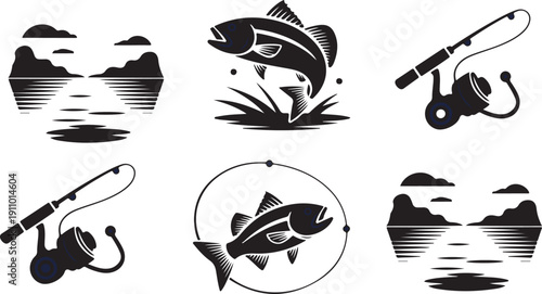 Collection of fishing related silhouettes showing jumping fish fishing rods and peaceful lake landscapes
