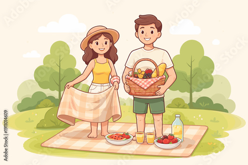 Young caucasian couple enjoying picnic in sunny park setting