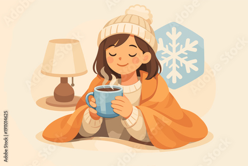 Cozy young caucasian female enjoying hot drink under blanket with snowflake symbol