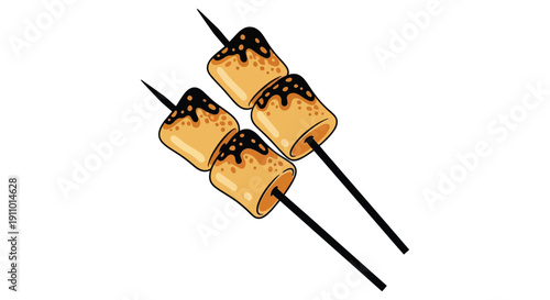 A digital illustration depicts three marshmallows on roasting sticks covered in melted chocolate presented on a white background