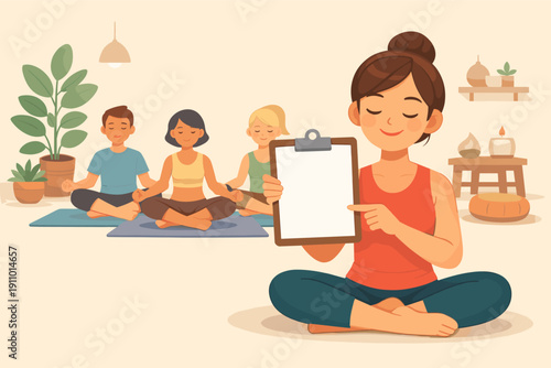 Asian female instructor leading diverse yoga class with meditation and relaxation