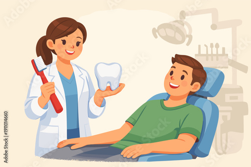 Female dentist and male patient in cartoon dental clinic setting with tooth model