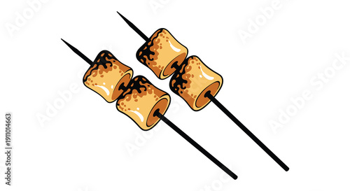 A colorful illustration depicts three marshmallows on black skewers showcasing varying degrees of toasting and charring high quality
