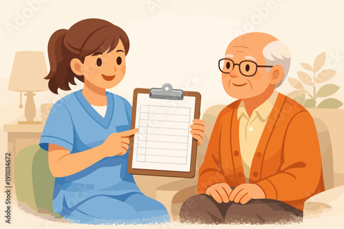 Female nurse assisting elderly caucasian male with medical checkup at home