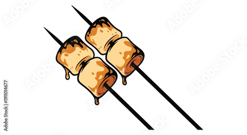 A colorful illustration depicts two skewers with marshmallows roasting over a flame showing golden brown char high quality professional