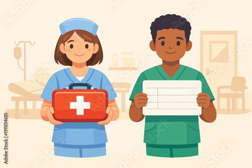 Young medical professionals: female nurse and male nurse with medical equipment in hospital setting