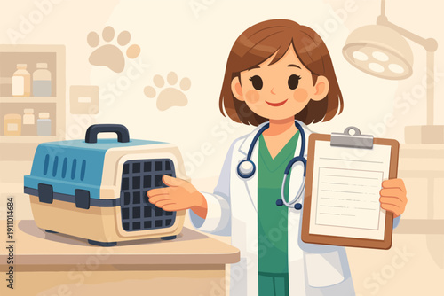 Female caucasian young veterinarian with pet carrier and clipboard in veterinary clinic
