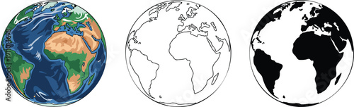 Earth silhouette & Outline and illustration set isolated on transparent background