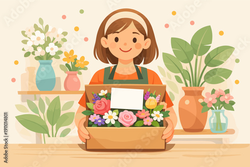 Young caucasian female florist with box of colorful flowers in shop