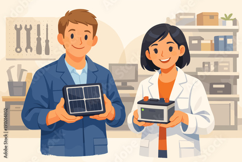 Young caucasian male and asian female engineers holding solar panel and battery in workshop