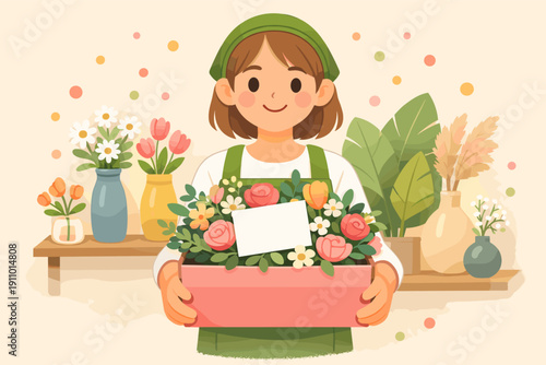 Young caucasian female florist holding flower box in cheerful shop setting