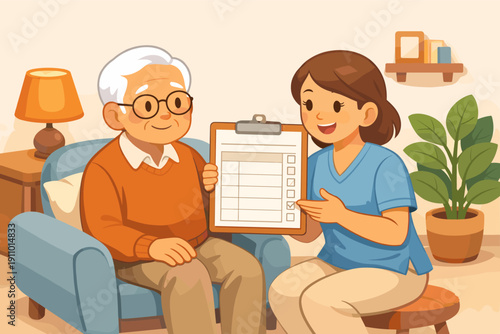 Elderly caucasian male receiving care from young female nurse in cozy home setting