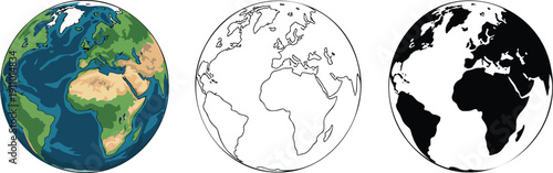 Earth silhouette & Outline and illustration set isolated on transparent background