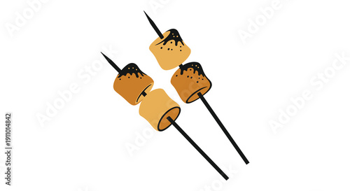 A simple illustration depicts three marshmallows on roasting sticks some with melted chocolate dripping down high quality professional