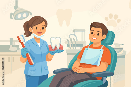 Female dentist examines young male patient with dental model in office