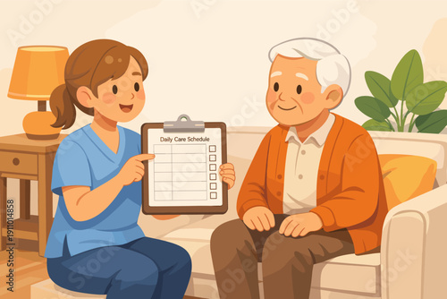Female nurse discussing daily care schedule with elderly caucasian male in comforting home setting