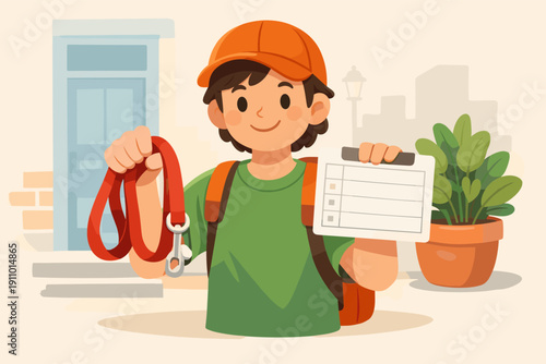 Young caucasian male teen ready for dog walking with leash and clipboard outdoors