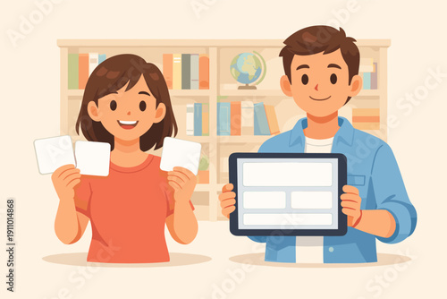 Young caucasian teens engaging in educational activity with tablet and flashcards