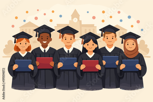 Diverse young graduates celebrating in cap and gown with diplomas