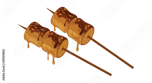Two golden brown marshmallows perfectly toasted and dripping with melted caramel rest on wooden skewers high quality professional detailed