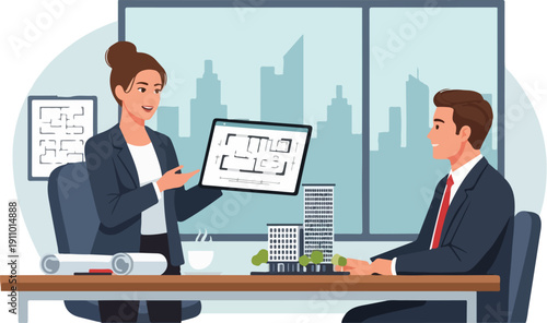 An architect and a client discussing a building design on a computer screen in a modern office with a cityscape view.