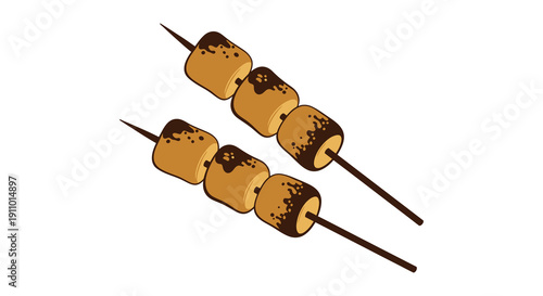 A digital illustration depicts two skewers with golden brown marshmallows showcasing a simple flat design style high quality professional