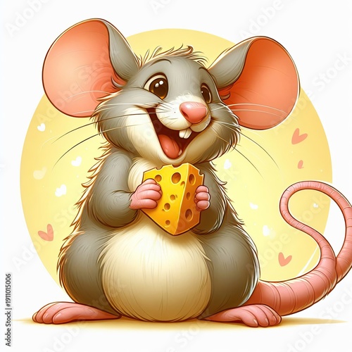 Adorable chubby mouse holding a piece of cheese. Cute illustration in pastel tones with soft lighting, perfect for children’s projects, prints, greeting cards, and nursery decor
