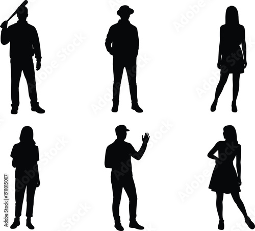 Human silhouettes illustration with casual standing, waving, posing, hat figure, bat holding, gesture diversity, black and white artwork concept