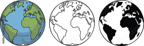 Earth silhouette & Outline and illustration set isolated on transparent background