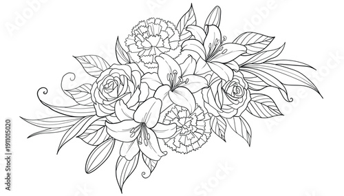 Detailed lily and rose flower bouquet for coloring page