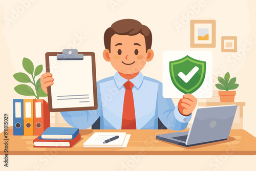 Smiling caucasian male professional displaying checklist and shield in office setting