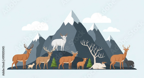 Deer family in mountainous landscape with snowy peaks and clouds