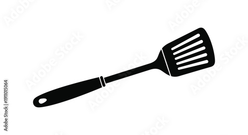 A simple black and white illustration depicts a kitchen spatula lying diagonally on a white background high quality