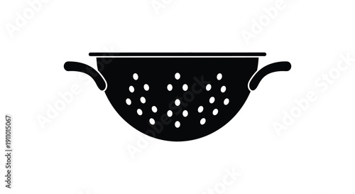 A simple black and white illustration depicts a metal colander with numerous small circular perforations and handles