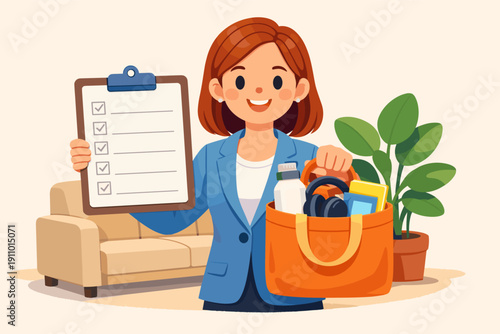 Female young caucasian professional with checklist and bag in office setting