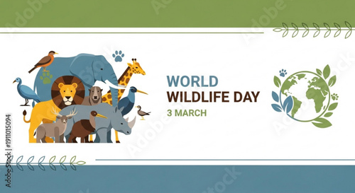 World wildlife day illustration with animals and globe on white