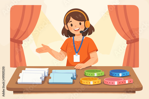 Female caucasian young vendor with headset selling colorful wristbands at market stall