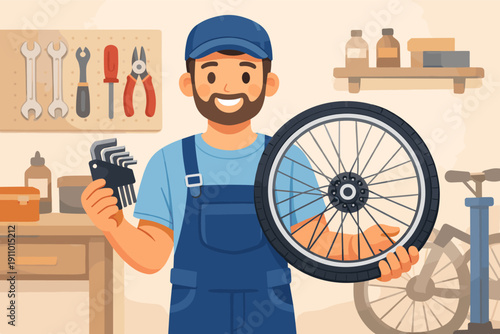 Male bicycle mechanic with wheel and tools in workshop