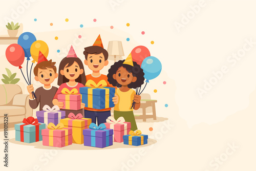 Diverse children celebrating birthday with balloons and gifts in a festive setting
