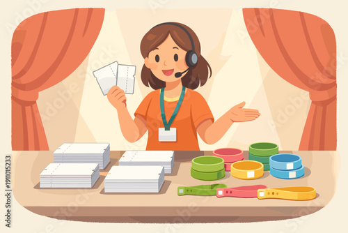 Female ticket seller with headset and wristbands at ticket booth