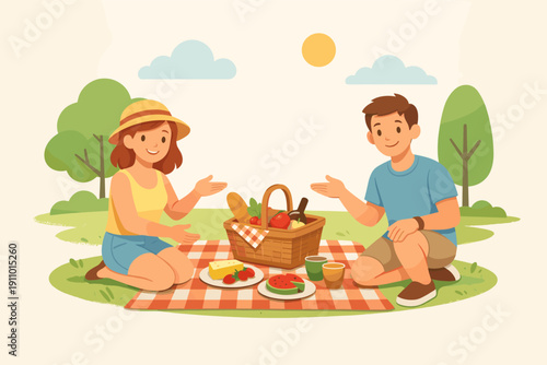 Young caucasian couple enjoying picnic in park with food and basket