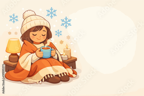 Cozy young asian female enjoying hot drink in winter scene with snowflakes